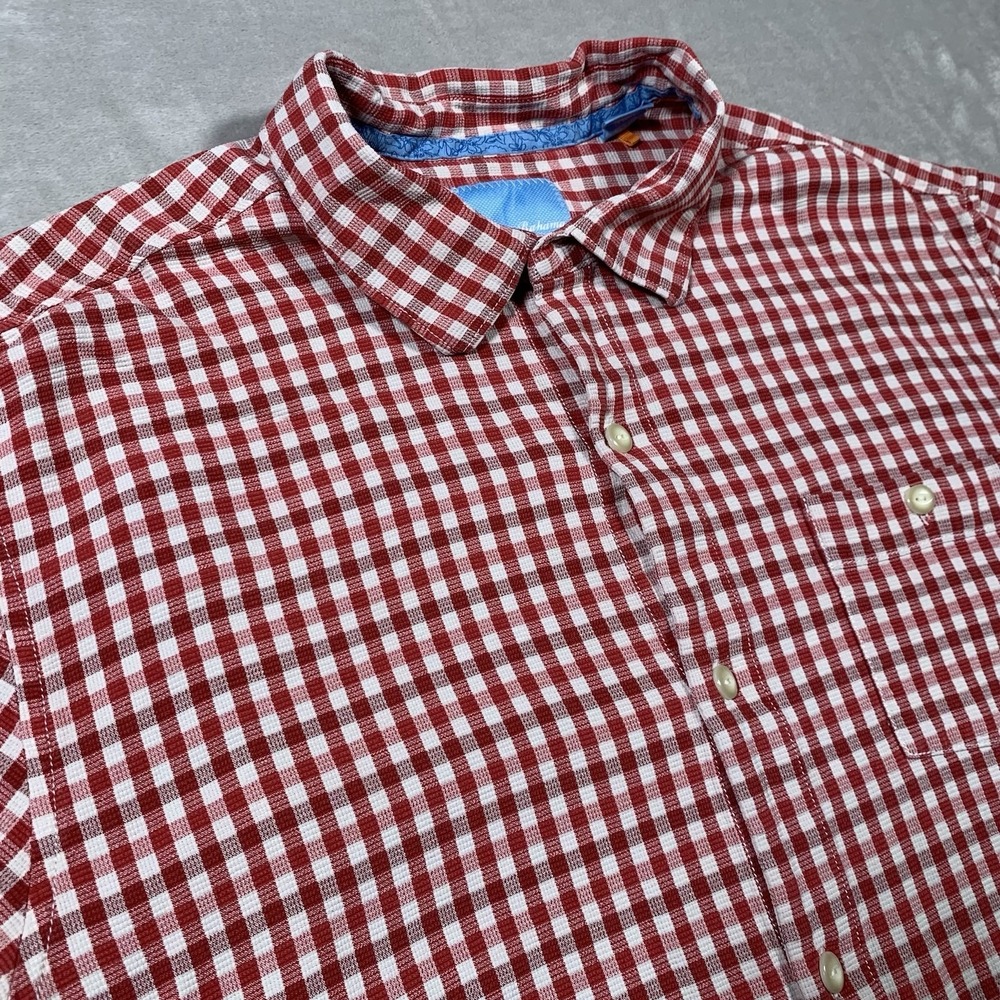 Tommy Bahama Shirt Mens XL Red Gingham Check Button Up Short Sleeve Silk Pocket